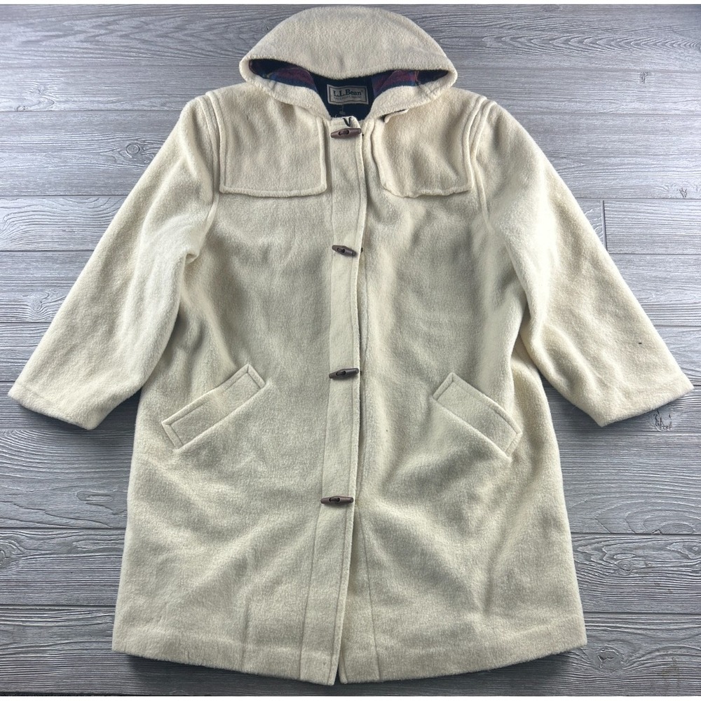 Vintage LL Bean Coat Women Cream Wool Hooded Toggle Duffle Blanket Plaid USA